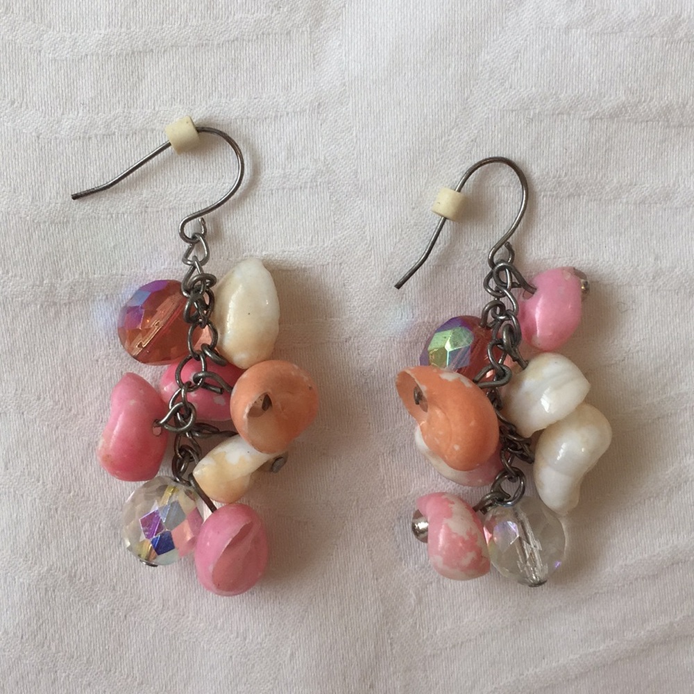Earrings with shells and iridescent beads. EUC